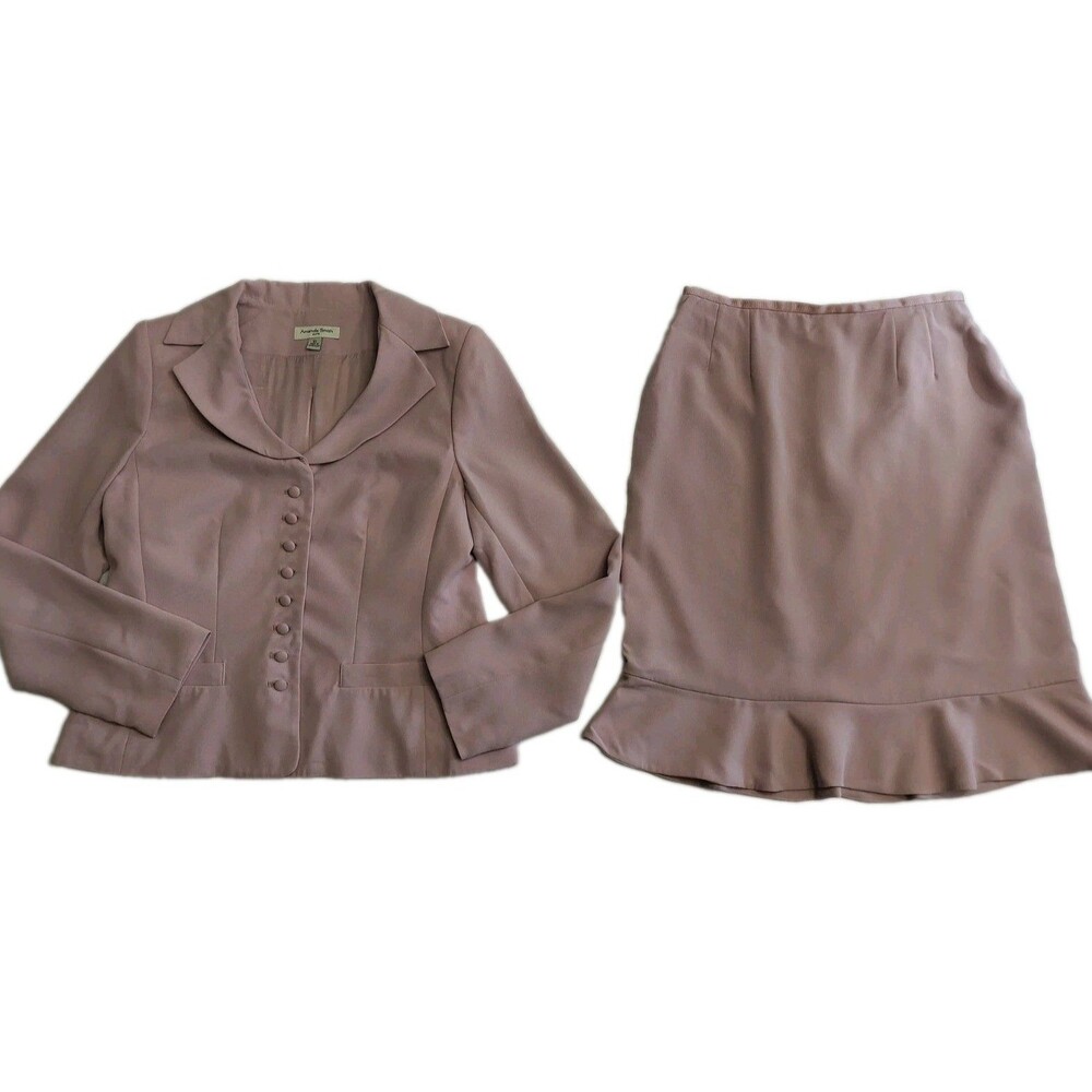 Vintage Amanda Smith Ruffle Skirt Suit Jacket Set Womens Size 10 Rose